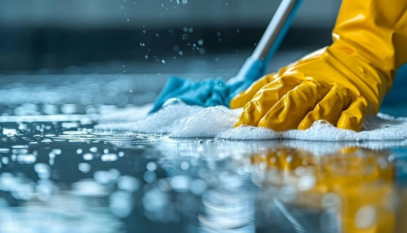 Yellow-gloved hand scrubbing a surface